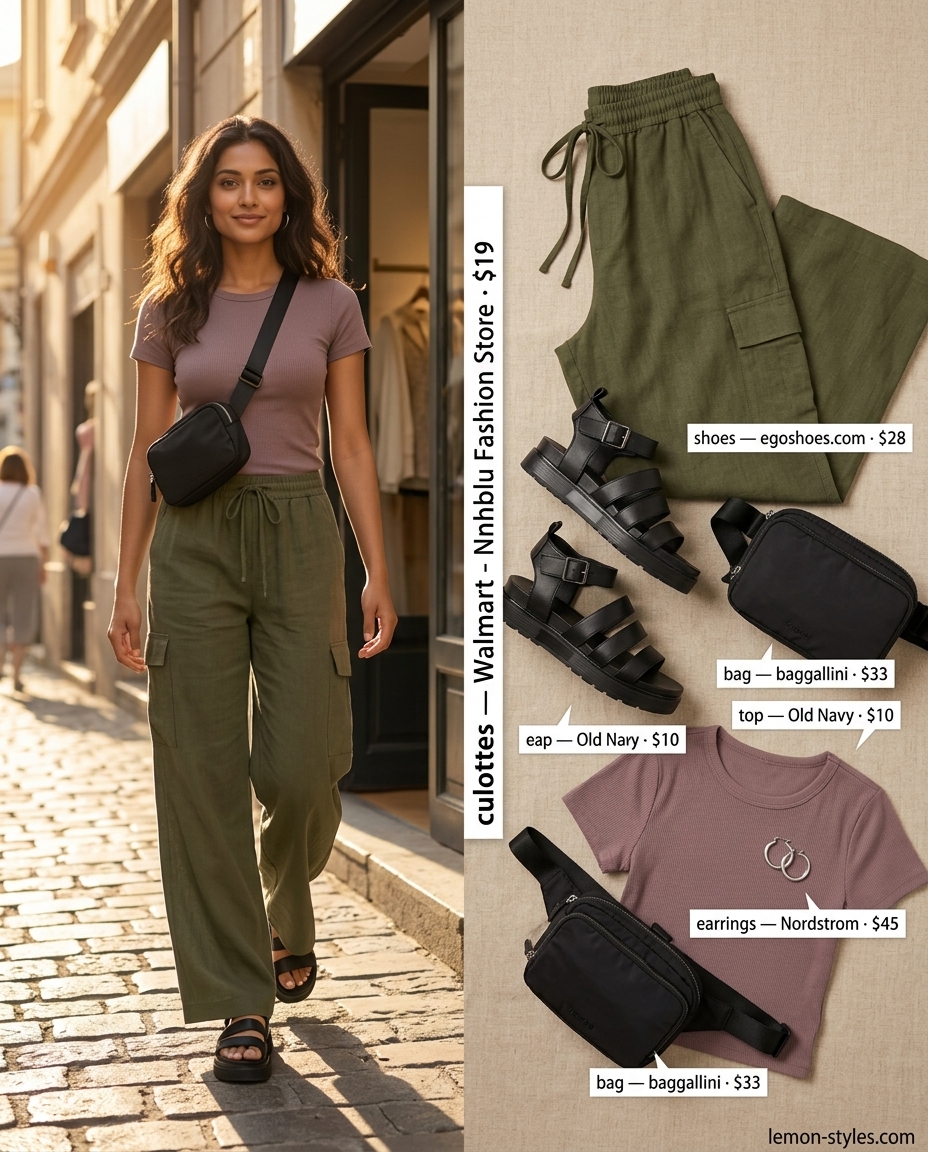Olive green linen tailored culottes for women 2026, styled with black tee, platform sandals, and belt bag for urban exploration.