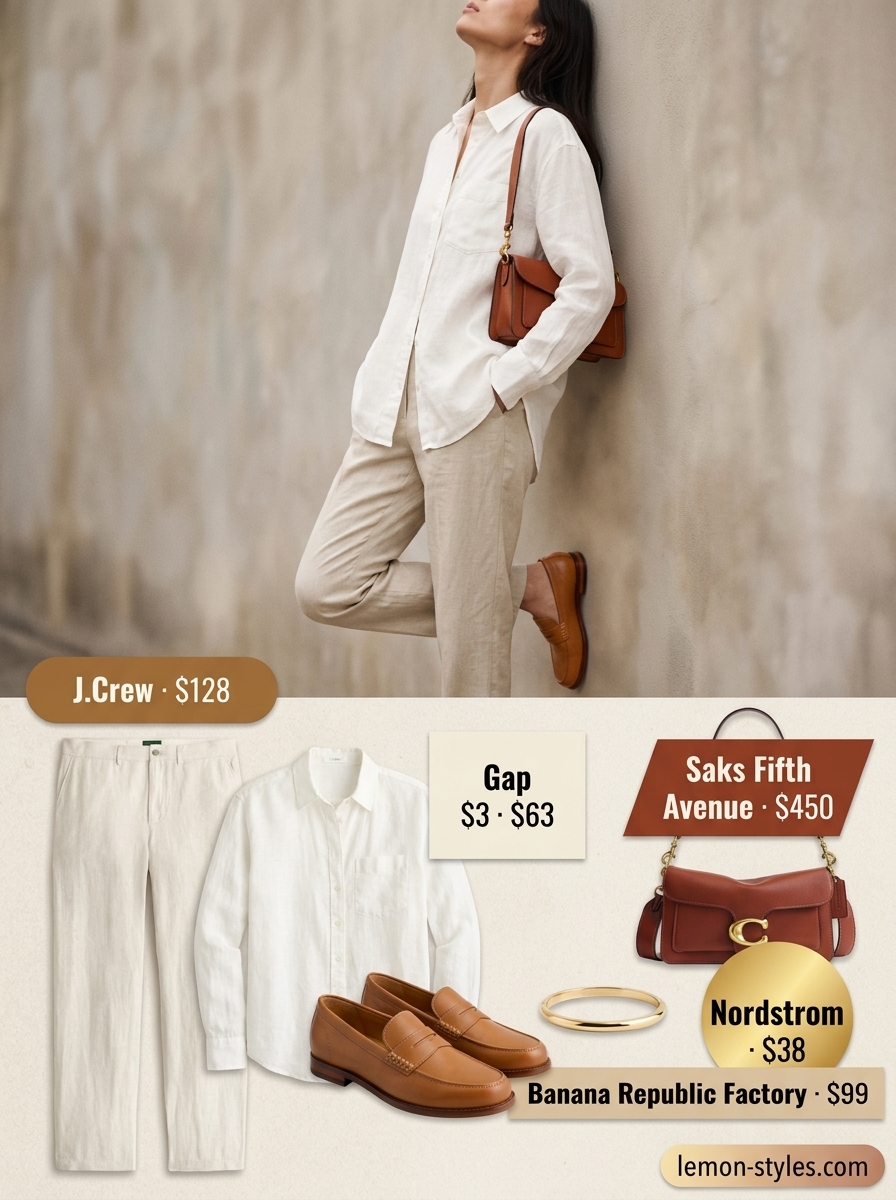Monochromatic Linen Ease 2026 Beige straight-leg linen trousers for summer low-waist trousers for women 2026, styled for casual office or weekend errands.