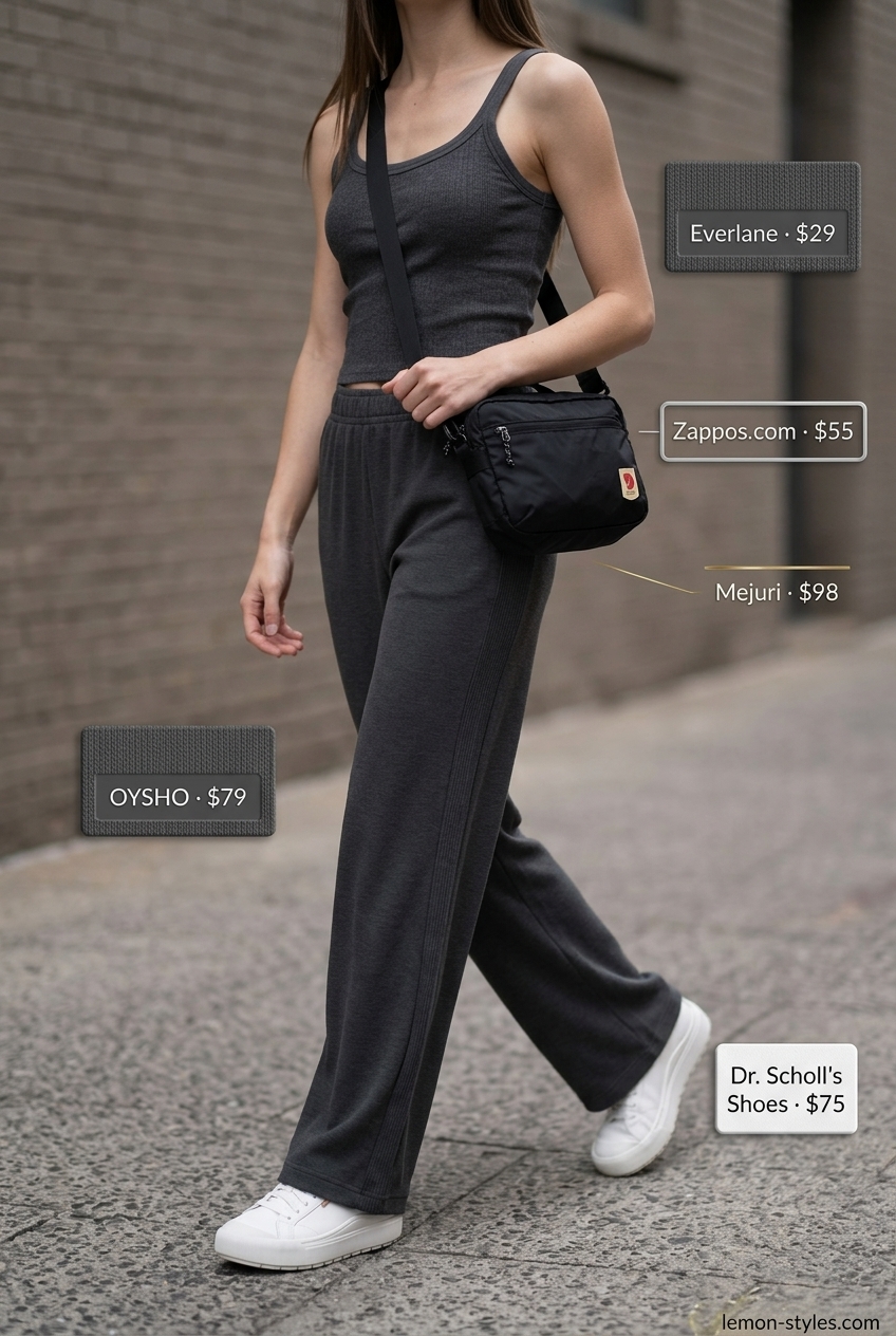 Athleisure Knit Trousers 2026 Charcoal grey wide-leg knit trousers for summer low-waist trousers for women 2026, styled for travel or loungewear.