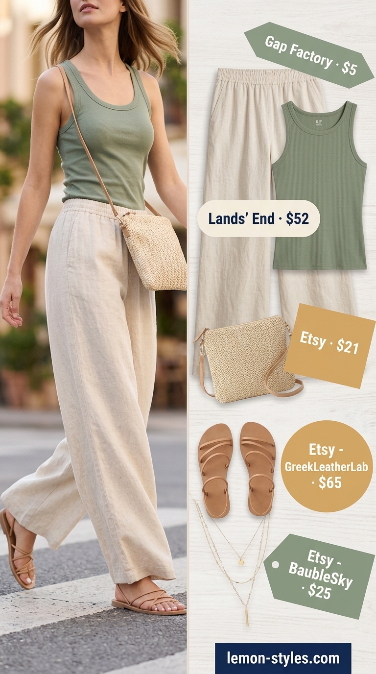 Coastal Linen Trousers 2026 Cream high-waist linen trousers for summer low-waist trousers for women 2026, paired with a sage green tank top for a chic look.