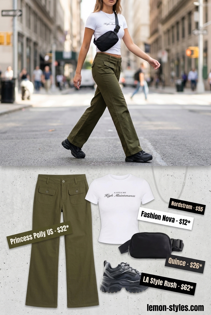 Urban Cargo Trousers 2026 Olive green low-waist cargo trousers for summer low-waist trousers for women 2026, styled for urban exploration.