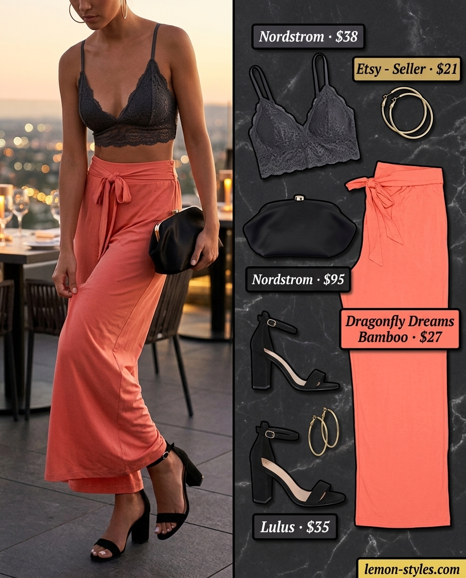Sunset Palazzo Trousers 2026 Sunset orange palazzo trousers for summer low-waist trousers for women 2026, styled for a glamorous evening event.
