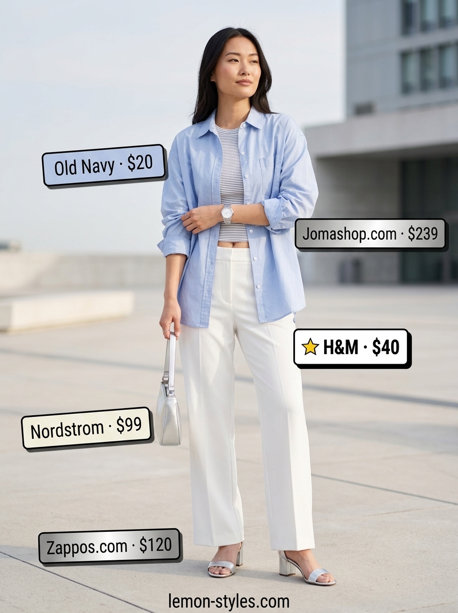 Tailored Summer Trousers 2026 White tailored trousers for summer low-waist trousers for women 2026, paired with a pastel blue shirt for a polished office look.