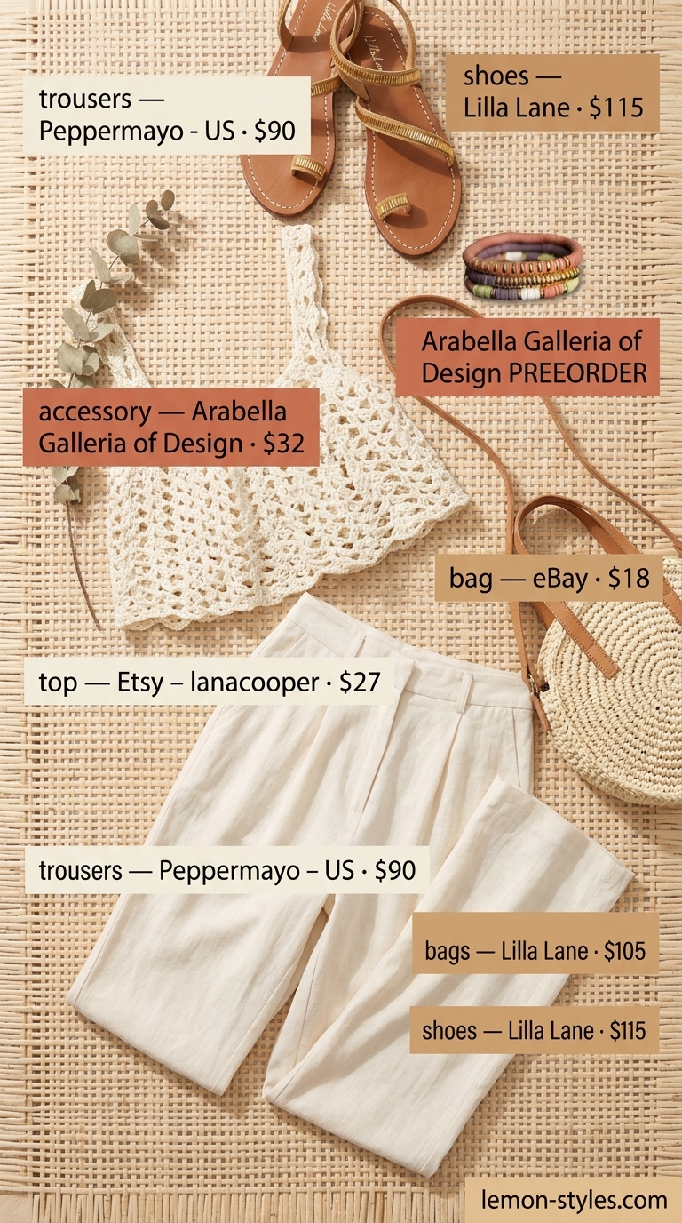 Boho Beach Summer Low-Waist Trousers 2026 Boho beach linen outfit featuring sand low-waist wide-leg trousers, ivory crochet tank, and straw bag for summer 2026.