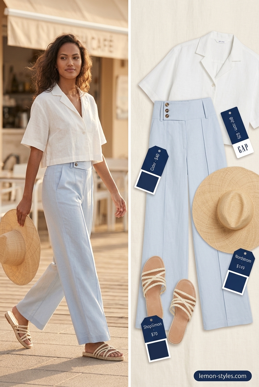 Coastal Breeze Summer Low-Waist Trousers 2026 Coastal breeze linen set with soft blue low-rise trousers, white oversized shirt, and straw hat for summer 2026.