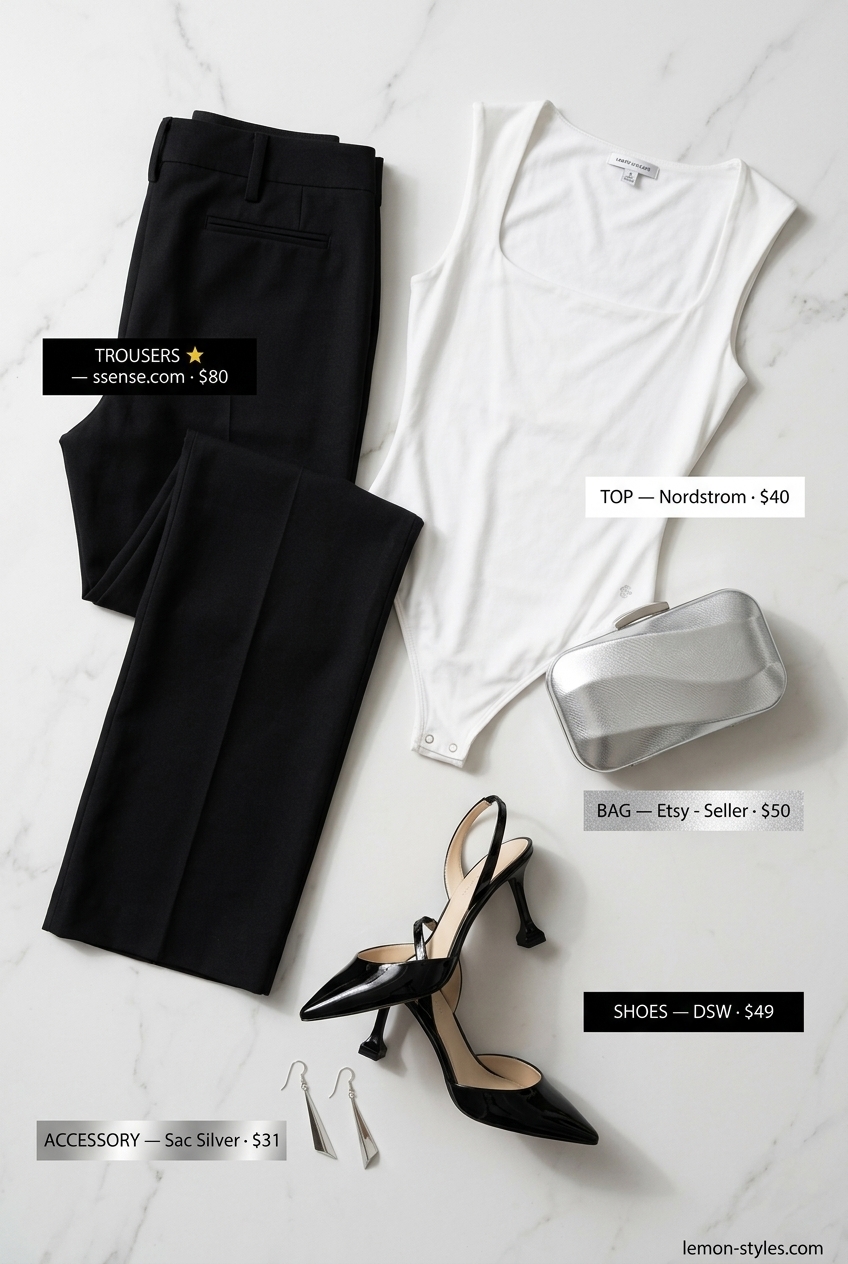 Chic Evening Summer Low-Waist Trousers 2026 Modern tailored black low-waist trousers with white bodysuit and silver clutch for a chic summer evening 2026.