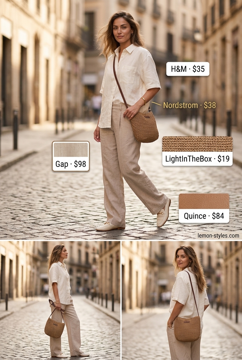 Monochromatic Summer Low-Waist Trousers 2026 Monochromatic beige linen outfit with low-waist trousers, short-sleeve shirt, and leather loafers for summer 2026.