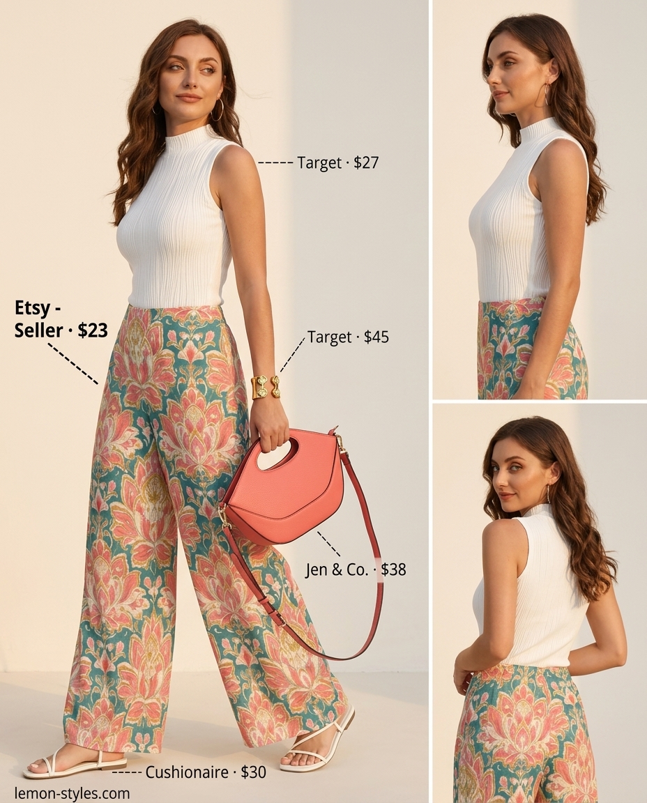 Playful Patterned Summer Low-Waist Trousers 2026 Playful patterned teal and coral low-waist trousers with white mock neck top and strappy sandals for summer 2026.