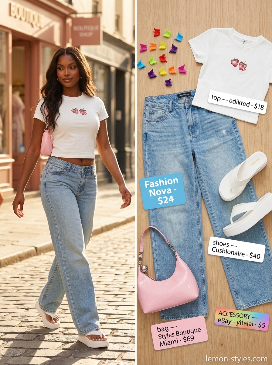 Retro Y2K Summer Low-Waist Trousers 2026 Retro cool Y2K outfit with light wash low-waist denim trousers, baby pink tee, and platform sandals for summer 2026.
