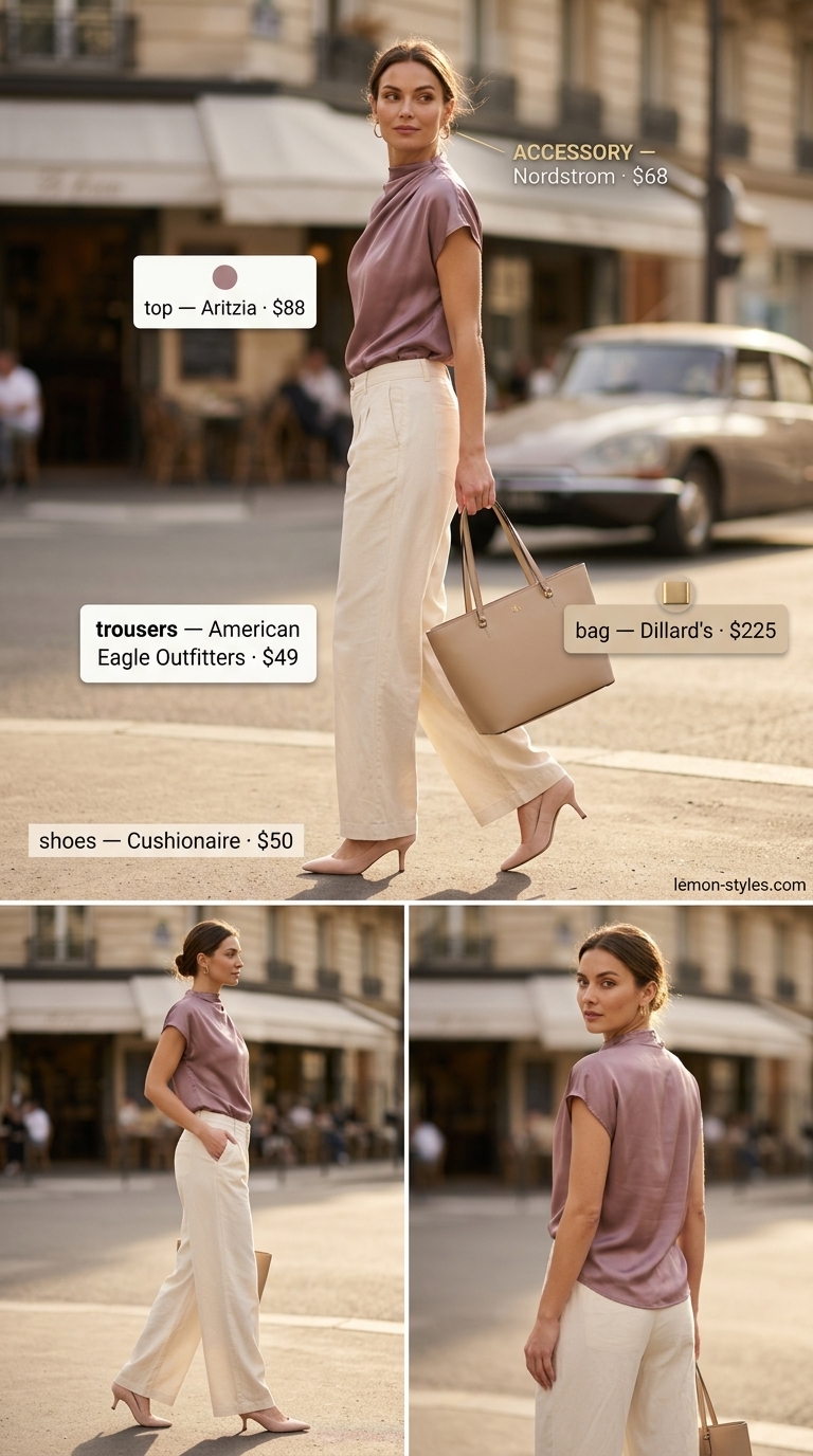 Elegant Summer Low-Waist Trousers 2026 Sophisticated cream linen low-waist trousers with blush pink silk blouse and nude pumps for summer 2026.