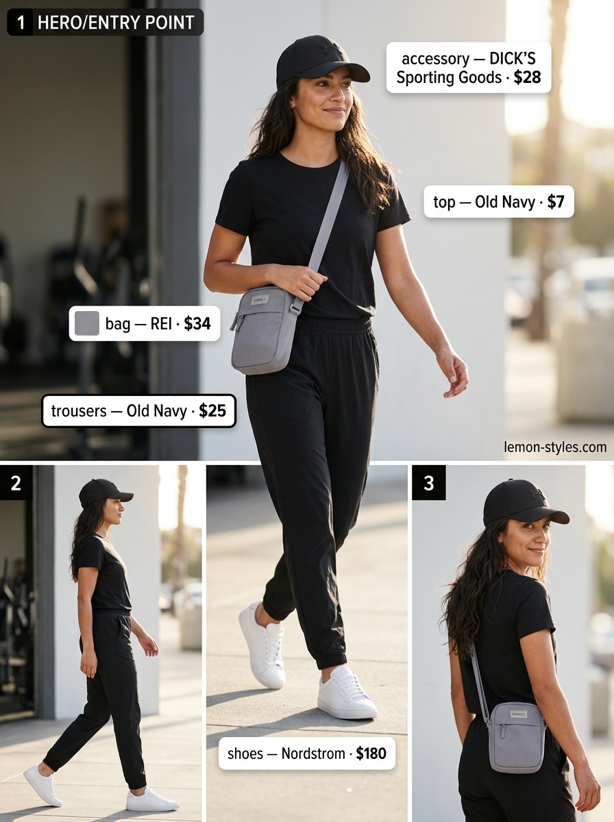 Sporty Chic Summer Low-Waist Trousers 2026 Sporty chic athleisure outfit with black low-waist trousers, white tee, and grey crossbody bag for summer 2026.