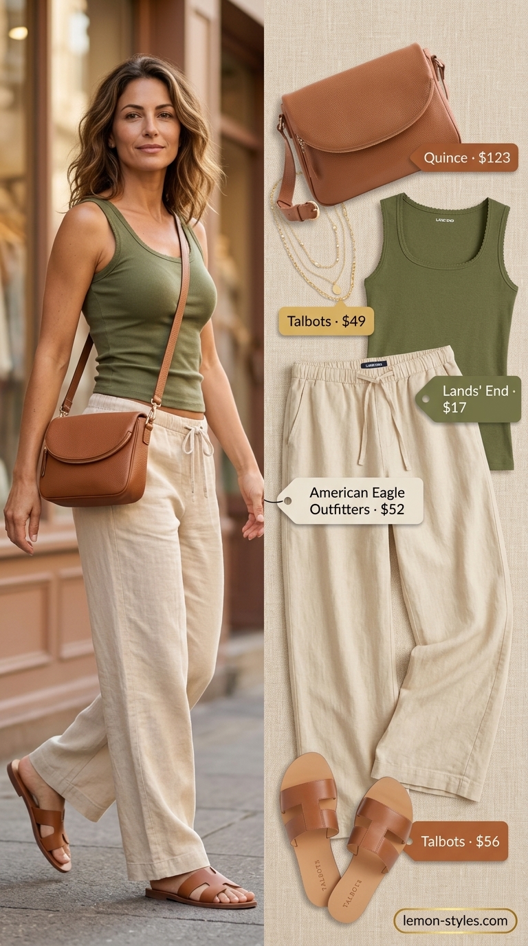 Urban Chic Summer Low-Waist Trousers 2026 Urban oasis ecru low-waist wide-leg trousers paired with olive green tank and gold necklaces for summer 2026.