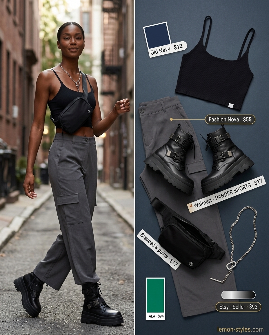 City Edge Low-Waist Trousers 2026 Edgy charcoal grey low-rise cargo trousers for women 2026, perfect for night outs or concerts. Styled with crop top & combat boots.