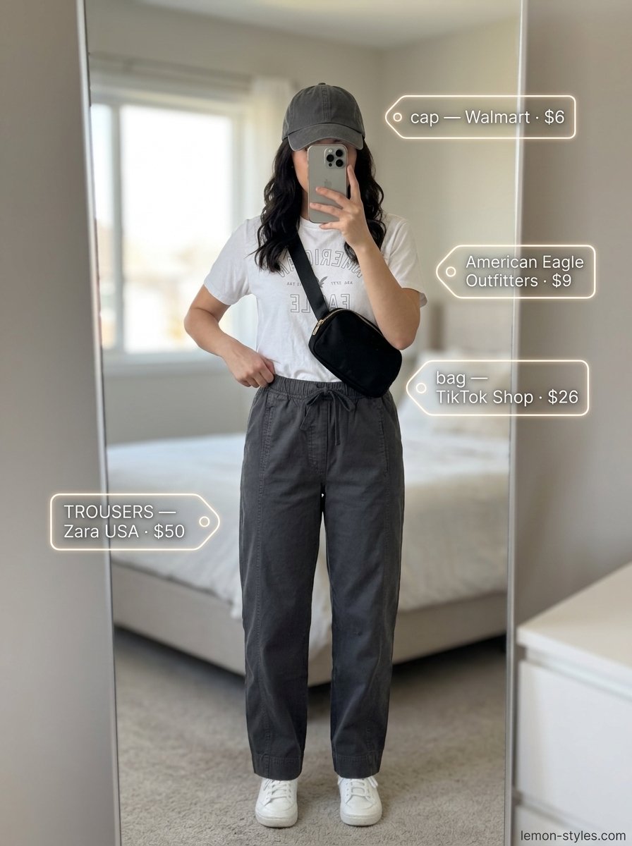 Weekend Low-Waist Trousers 2026 Casual charcoal grey low-waist trousers for women 2026, perfect for lounging or errands. Styled with graphic tee & sneakers.