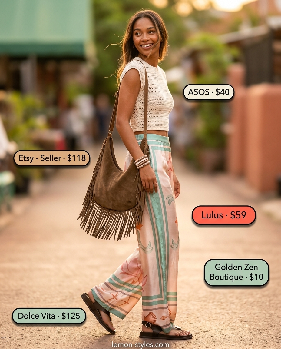 Bohemian Low-Waist Trousers 2026 Bohemian earthy print low-waist flowing trousers for women 2026, perfect for festivals. Styled with crochet top & fringe bag.
