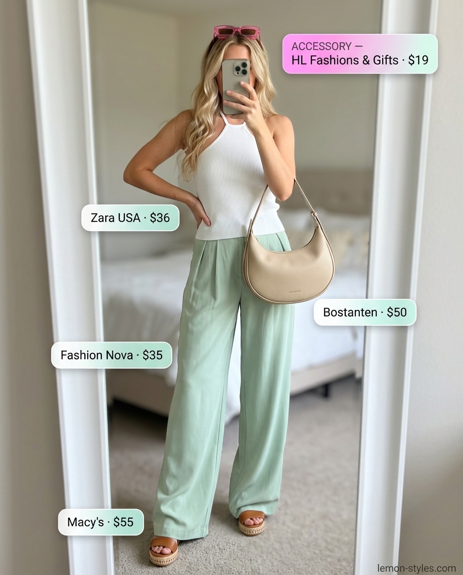Retro Low-Waist Trousers 2026 Retro mint green low-waist flared trousers for women 2026, ideal for festivals or parties. Styled with crop top & espadrilles.