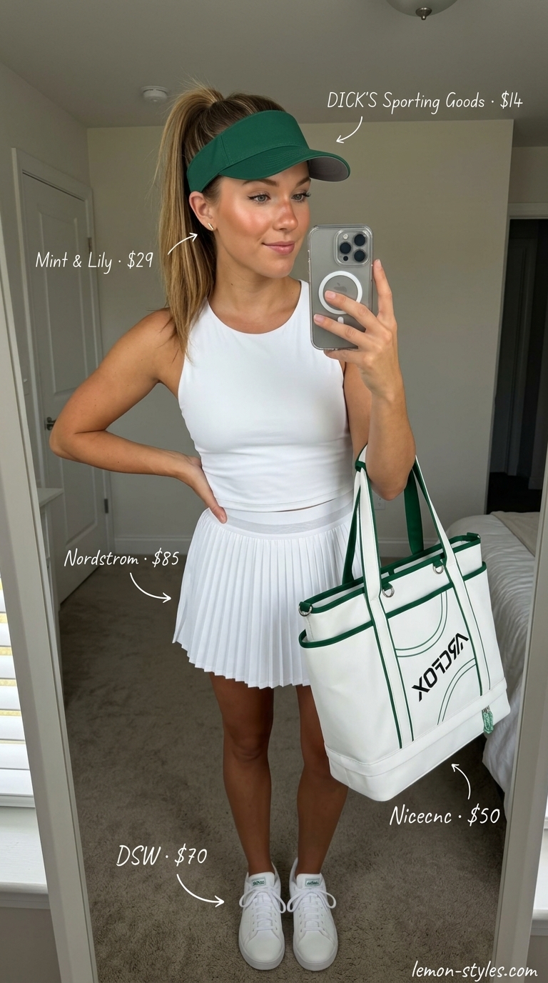 White and Forest Green summer matching set activewear for women 2026 for sporty court confidence. Tennis skirt & polo.