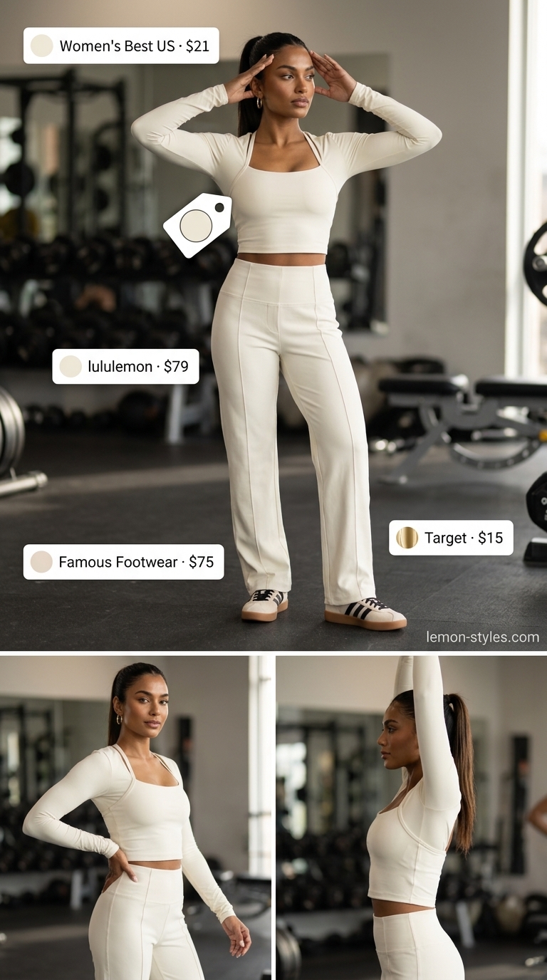 Cream and Olive Green summer matching set activewear for women 2026 for elevated gym essentials. Square neck tank & track pants.