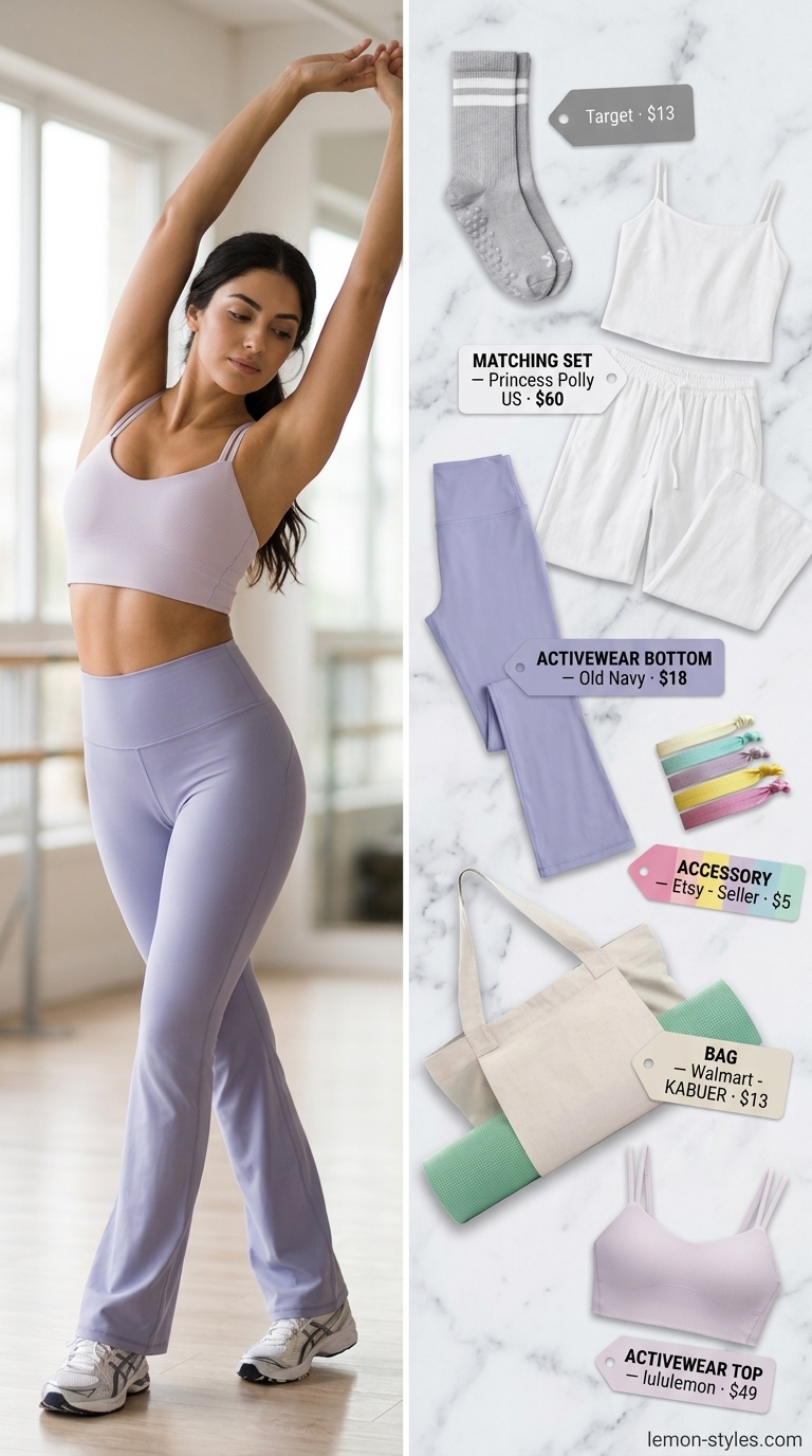 Soft lavender activewear bottom and sports bra matching set for women 2026, for yoga and pilates.