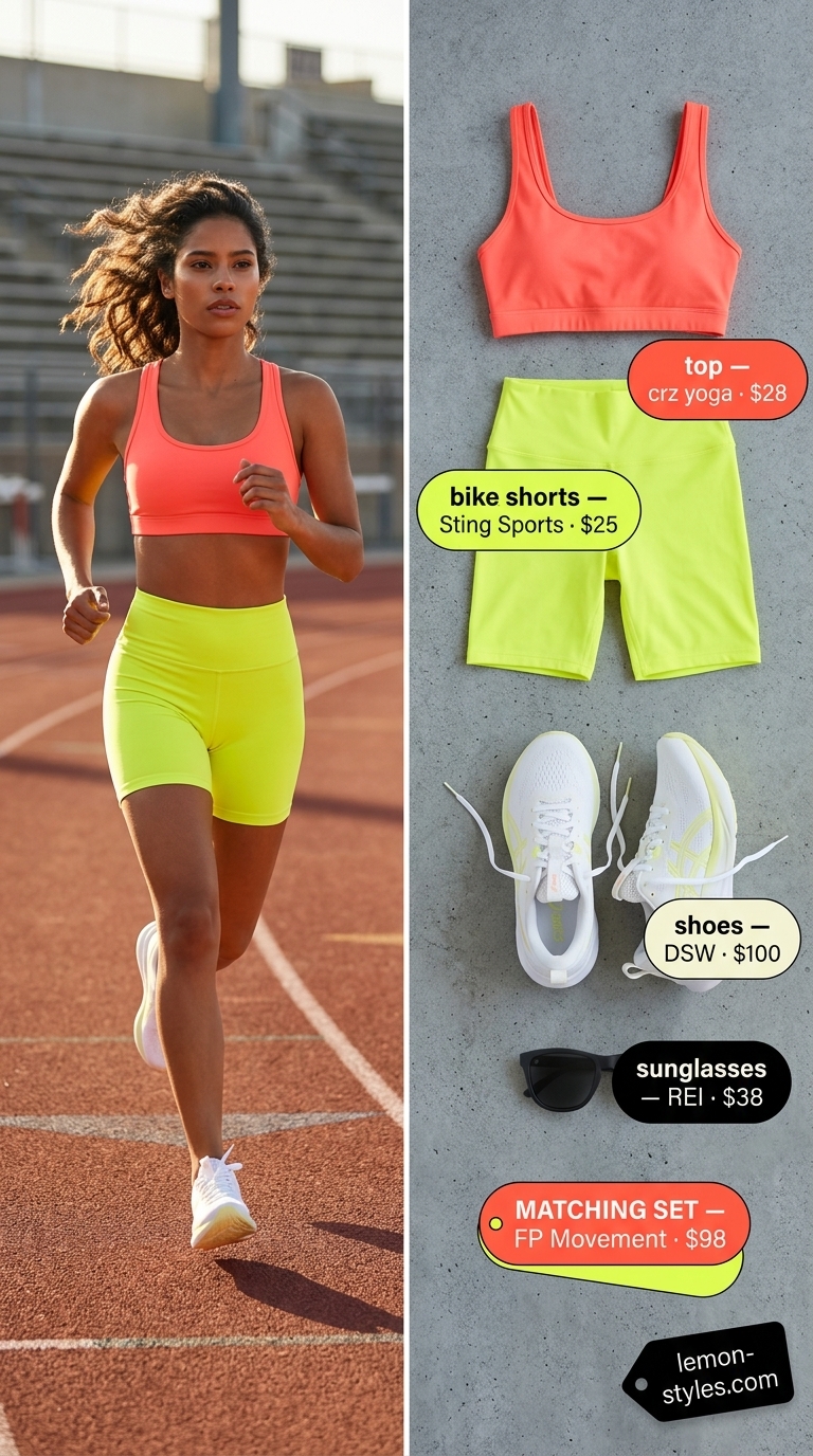 Bright coral activewear top and biker shorts matching set for women 2026, ideal for HIIT workouts.