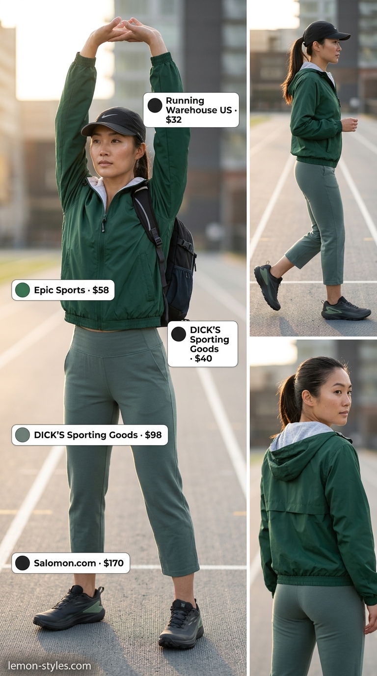 Forest green activewear top and shorts matching set for women 2026, for hiking and trail running.