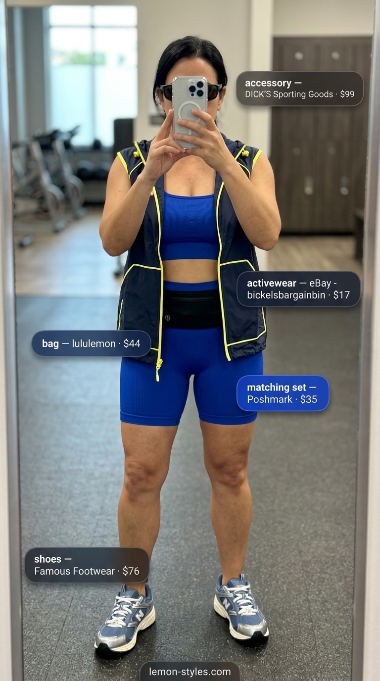 Cobalt blue matching set activewear for women 2026 for outdoor running, with windbreaker vest & running shoes.