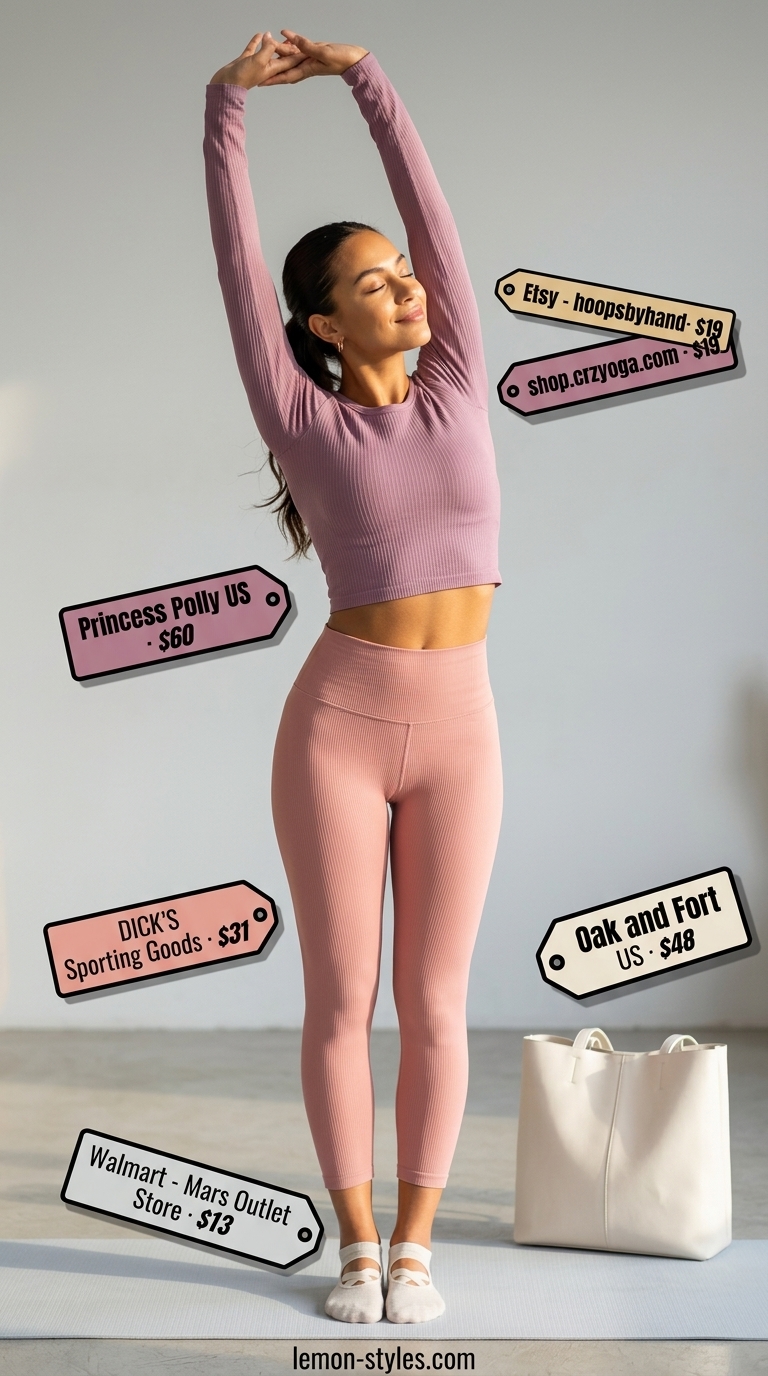 Dusty rose activewear top and leggings matching set for women 2026, for pilates and athleisure.