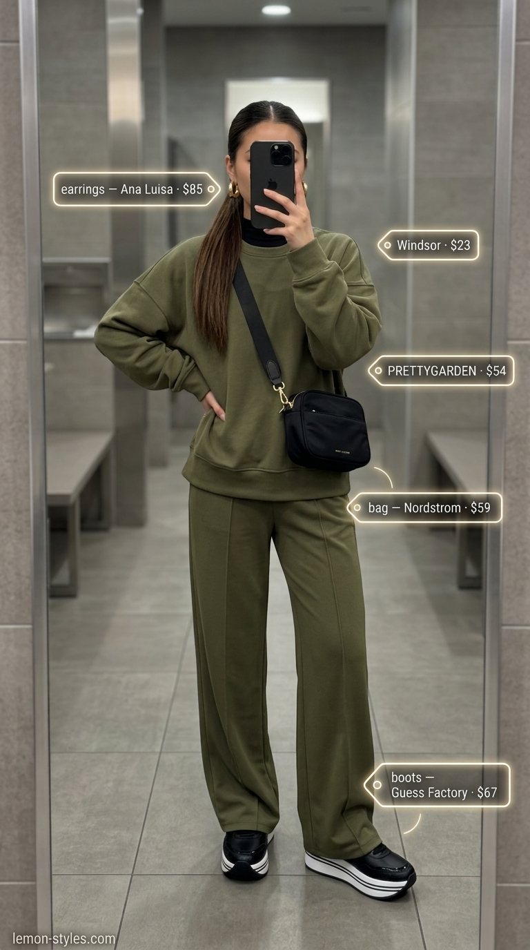 Olive Green and Black summer matching set activewear for women 2026 for urban athleisure. Crewneck sweatshirt & joggers.