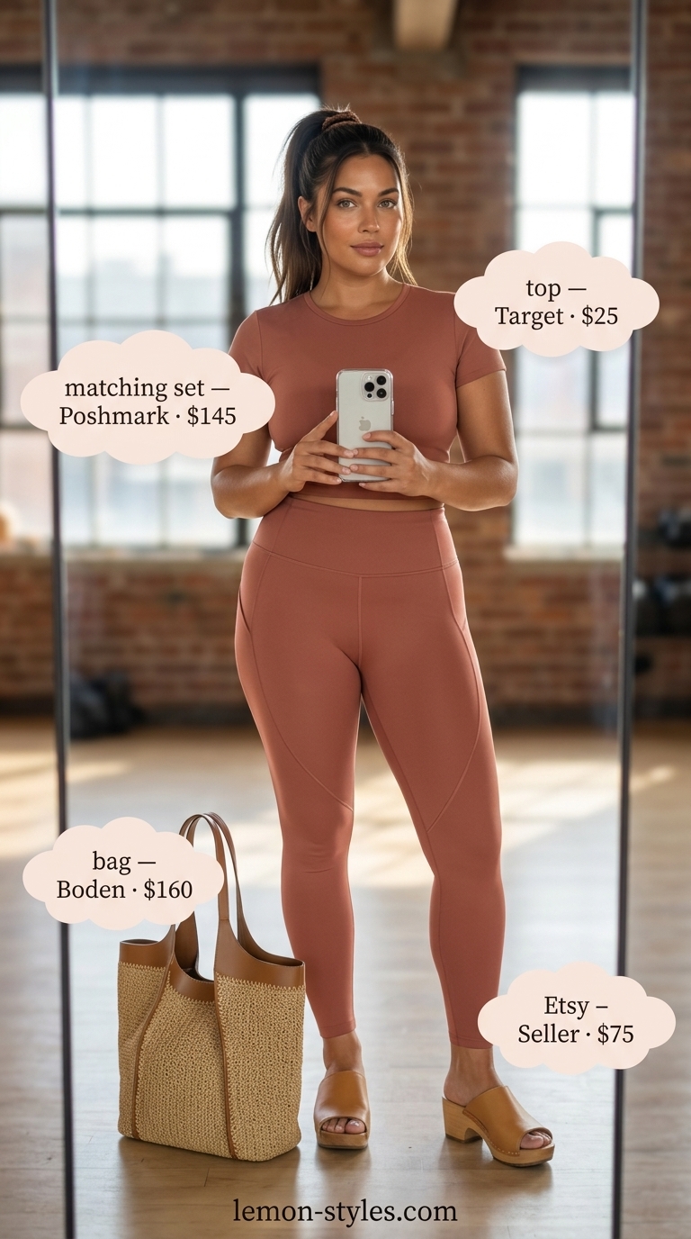Terracotta matching set activewear for women 2026 for yoga retreat, with wide-leg pants and seamless bra.