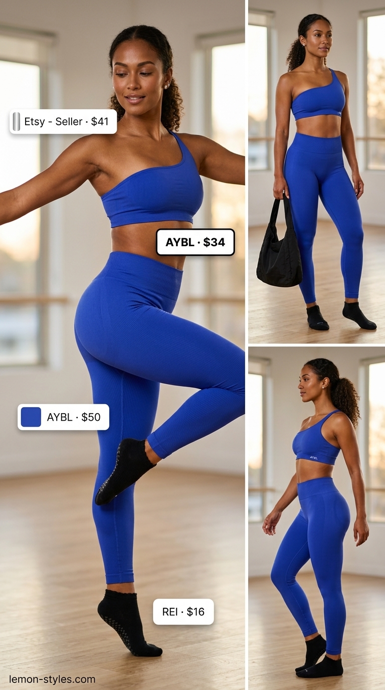Electric blue summer matching set activewear for women 2026: one-shoulder bra and ribbed leggings for barre.
