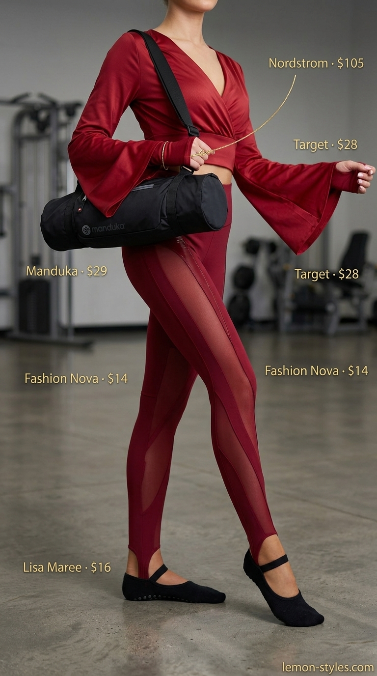 Burgundy summer matching set activewear for women 2026: wrap crop top and stirrup leggings for barre.