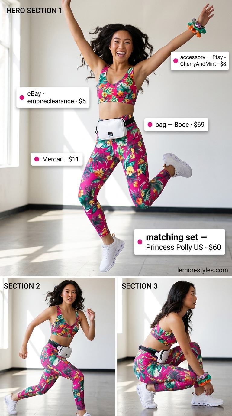 Floral print summer matching set activewear for women 2026: V-neck bra and compression leggings for dance fitness.