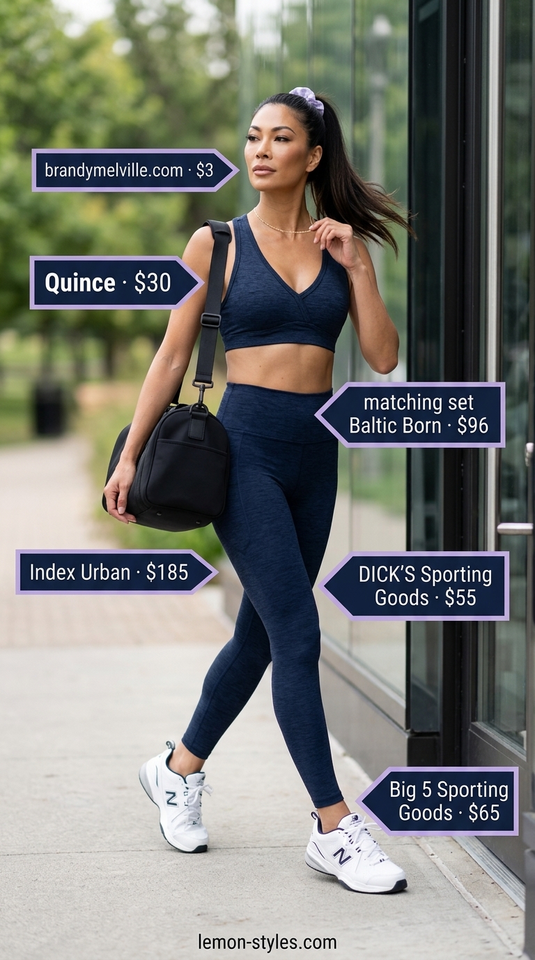 Navy blue summer matching set activewear for women 2026: sports bra and leggings for classic gym workouts.
