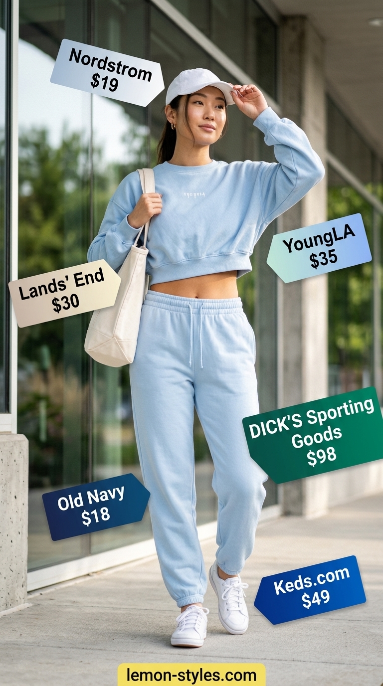 Powder blue summer matching set activewear for women 2026: crewneck sweatshirt and joggers for post-workout.