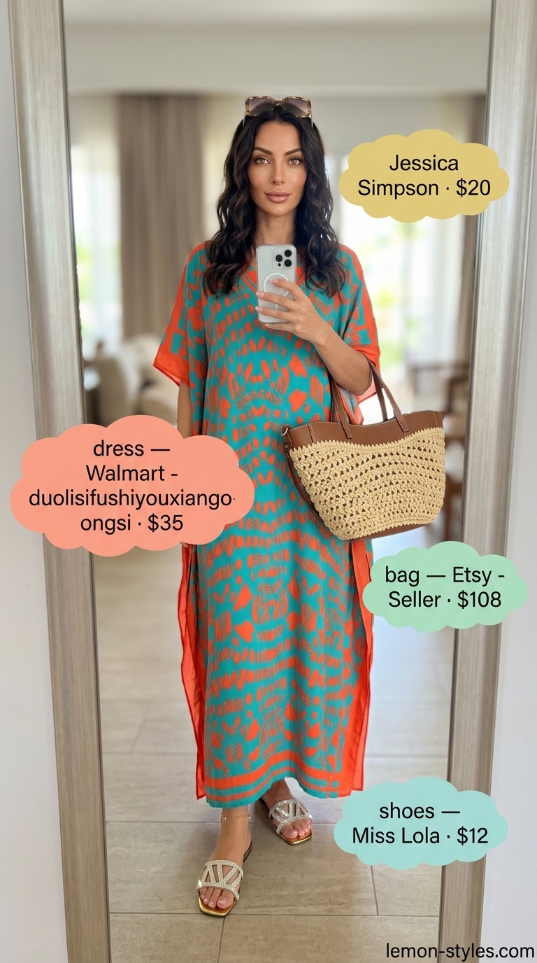 Summer Maxi Dresses 2026: Artistic Resort Escape Coral and turquoise abstract print caftan maxi dress for summer maxi dresses 2026. Artistic resort wear with embellished sandals.