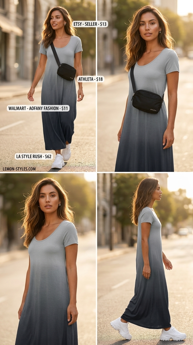 Athleisure Summer Maxi Dresses 2026 Athleisure Rendezvous outfit with a charcoal gray t-shirt maxi dress, white sneakers, and a black crossbody belt bag for summer 2026.