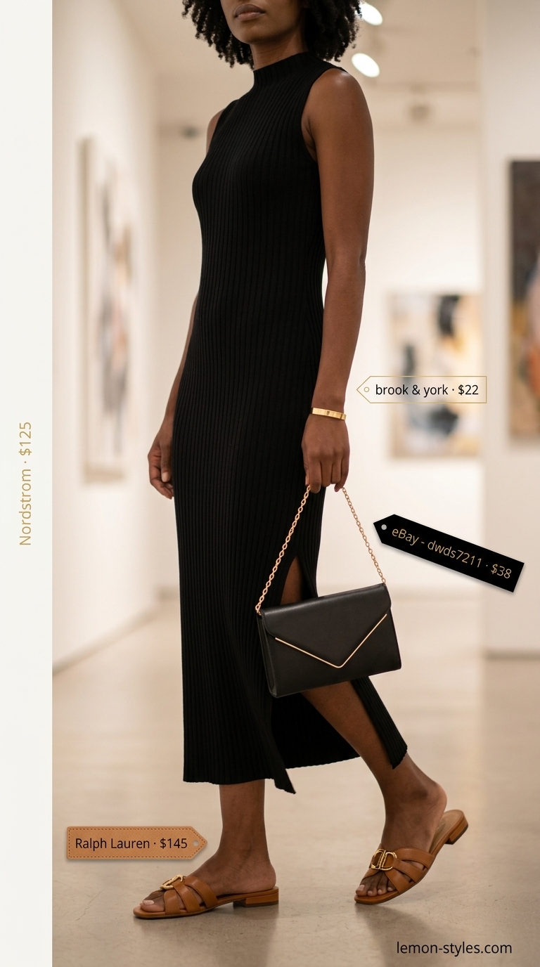 Summer Maxi Dresses 2026: Urban Chic Gallery Hop Classic black ribbed knit column maxi dress for summer maxi dresses 2026. Modern urban chic outfit with tan sandals.