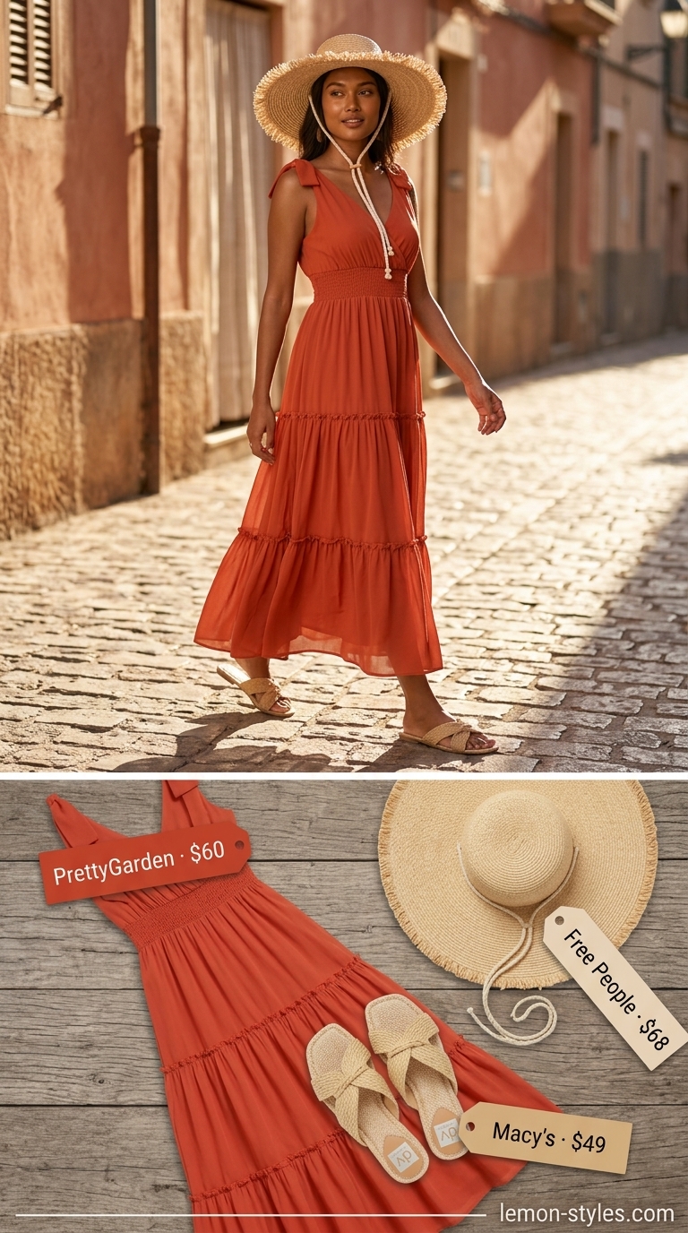 Bohemian Daydream Maxi Dresses 2026 Bohemian Rhapsody Daydream outfit with a terracotta maxi dress, straw hat, and layered gold necklaces for summer 2026.
