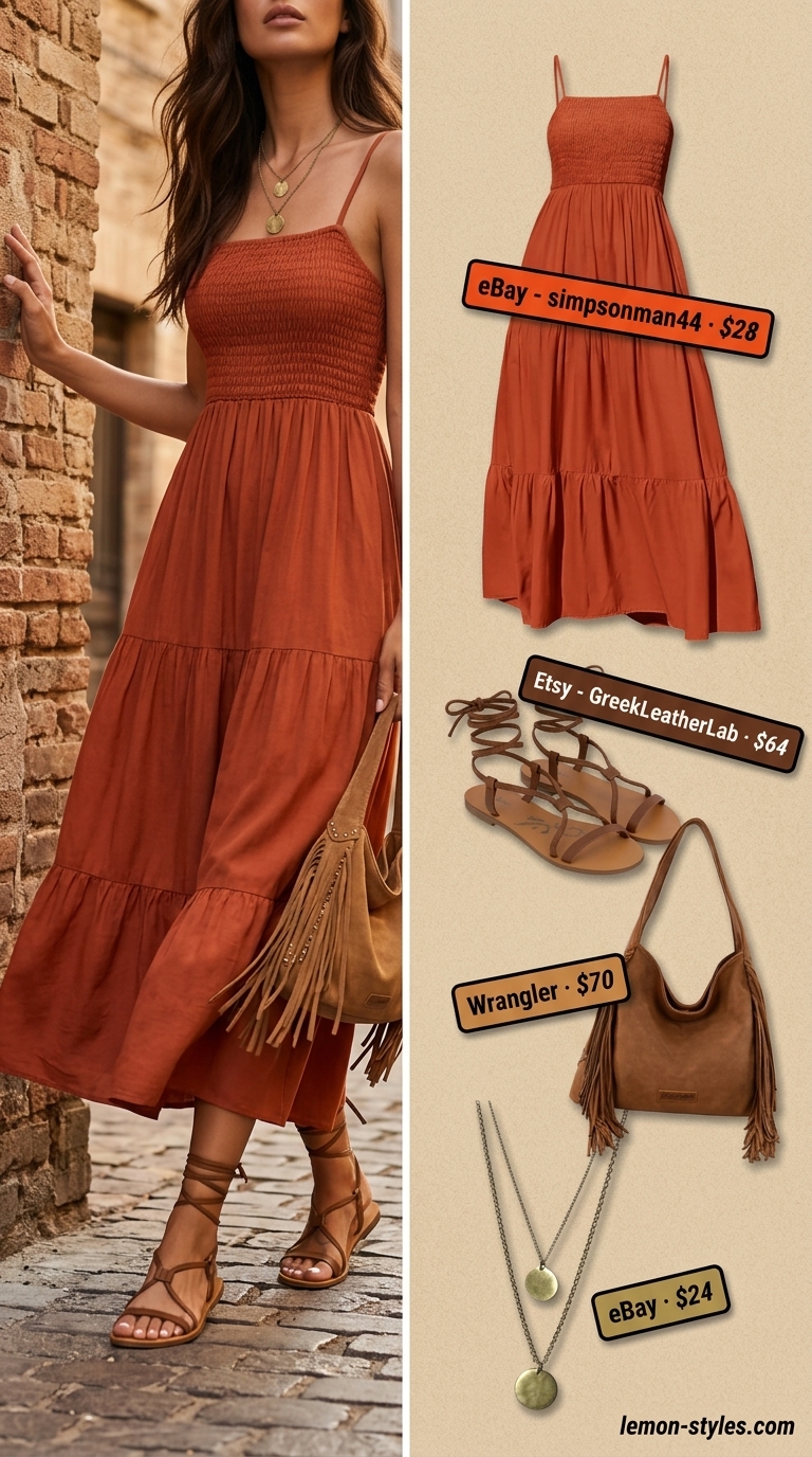 Bohemian Summer Maxi Dresses 2026 Bohemian Desert Dream outfit featuring a rust orange cotton maxi dress, brown suede gladiator sandals, and layered gold necklaces for summer 2026.