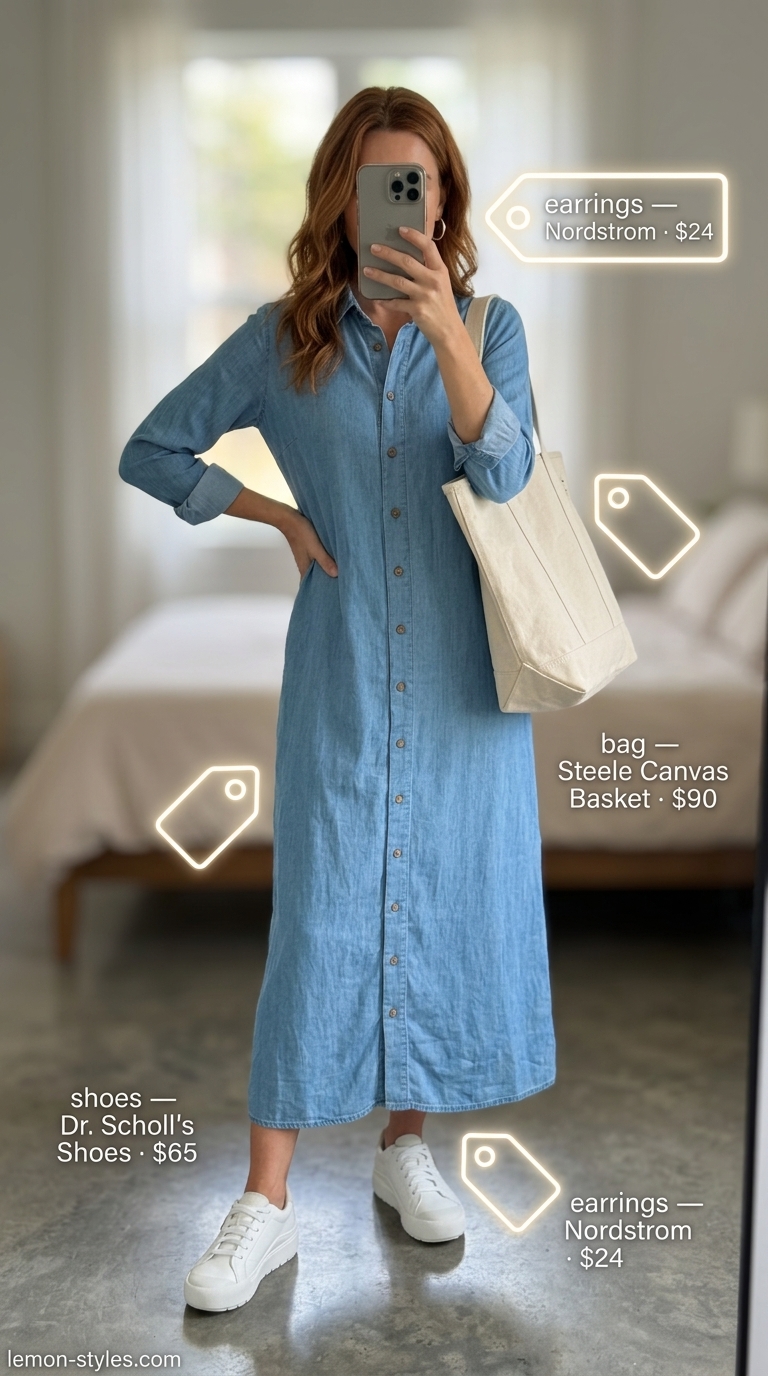 City Explorer Maxi Dresses 2026 City Explorer Cool outfit featuring a light wash denim maxi shirt dress, white sneakers, and a canvas tote for summer 2026.
