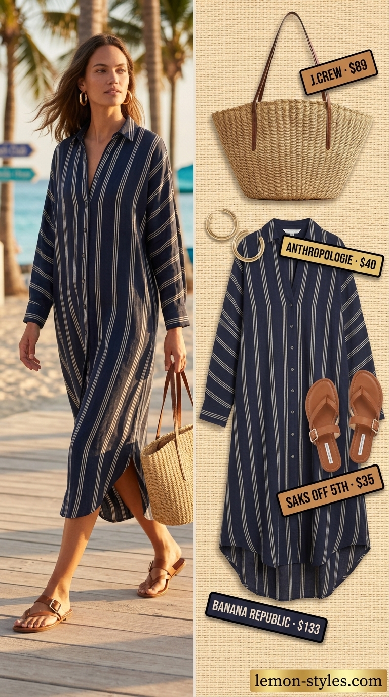 Summer Maxi Dresses 2026: Coastal Resort Chic Navy and white stripe linen shirt maxi dress for resort lunch or vacation travel in 2026. Coastal chic.
