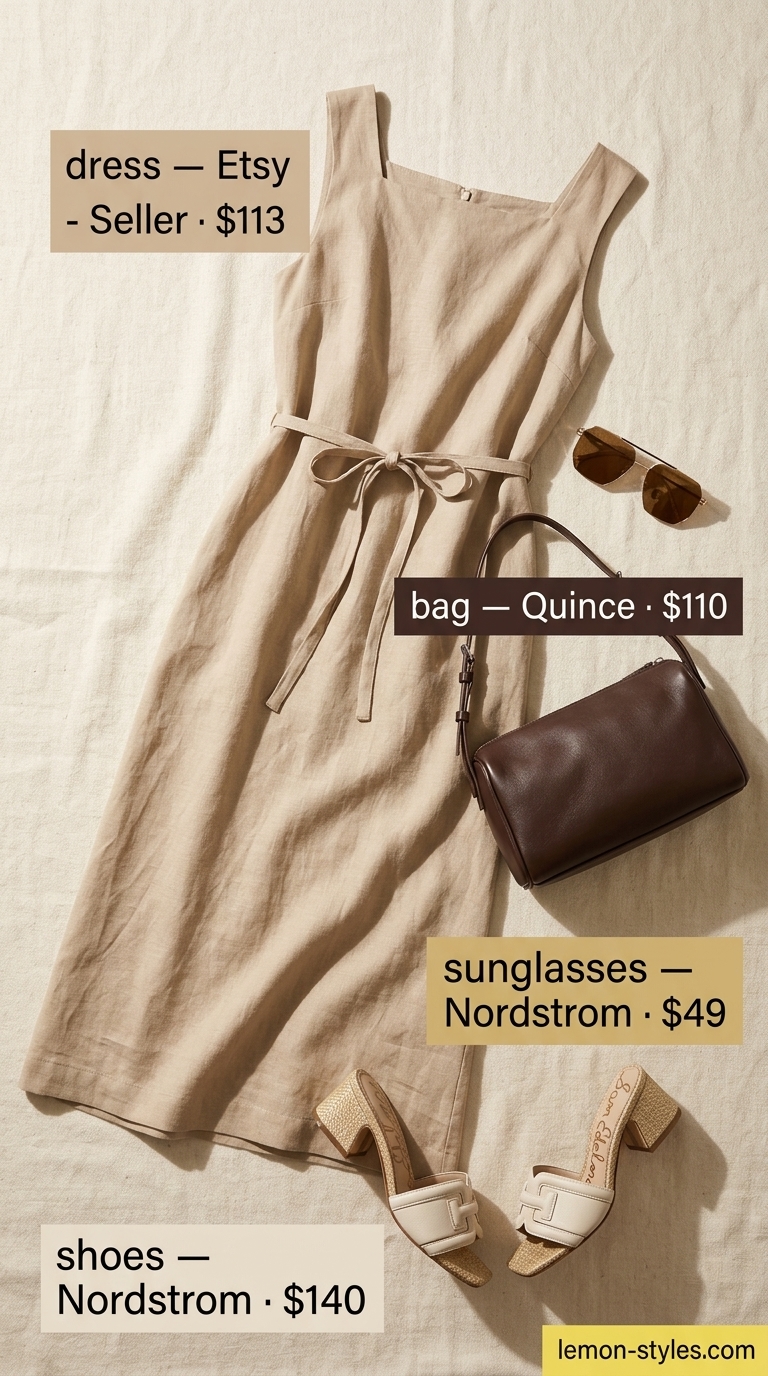 Elegant Summer Maxi Dresses 2026 Desert Sands Soiree outfit with a sand beige linen maxi dress, cream heeled sandals, and a minimalist shoulder bag for summer 2026.