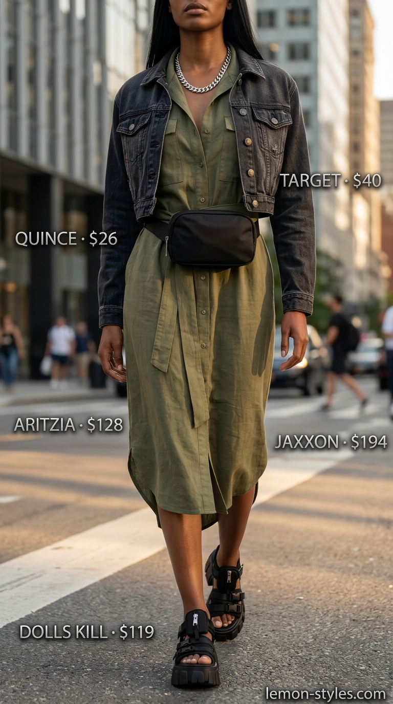 Summer Maxi Dresses 2026: Downtown Utility Chic Olive green utility maxi dress for a shopping trip or urban exploration in 2026. Practical and modern.