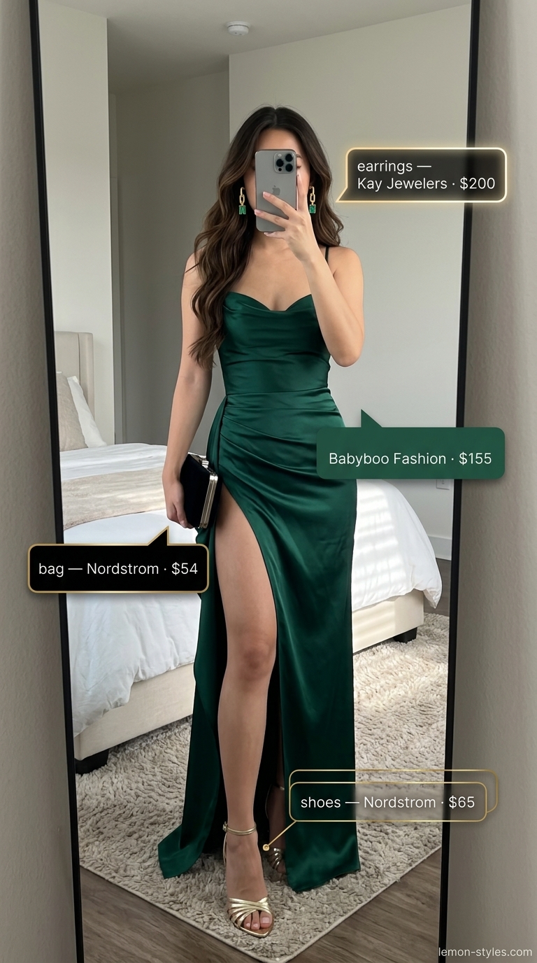 Summer Maxi Dresses 2026: Emerald Evening Glam Emerald green satin maxi dress for a summer wedding guest or cocktail party in 2026. Glamorous.