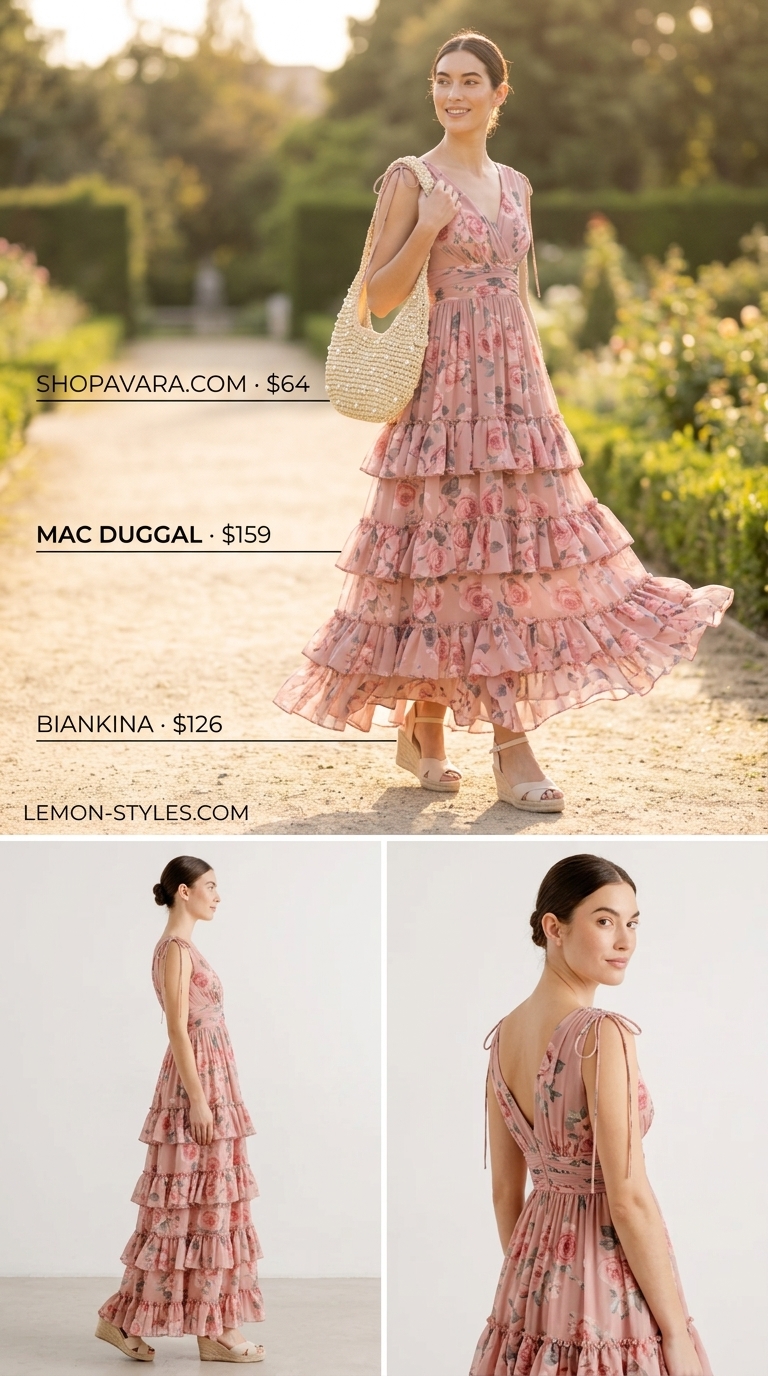 Summer Maxi Dresses 2026: Garden Party Romance Soft pink floral print chiffon maxi dress for summer maxi dresses 2026. Garden party outfit with pearl earrings and wedges.
