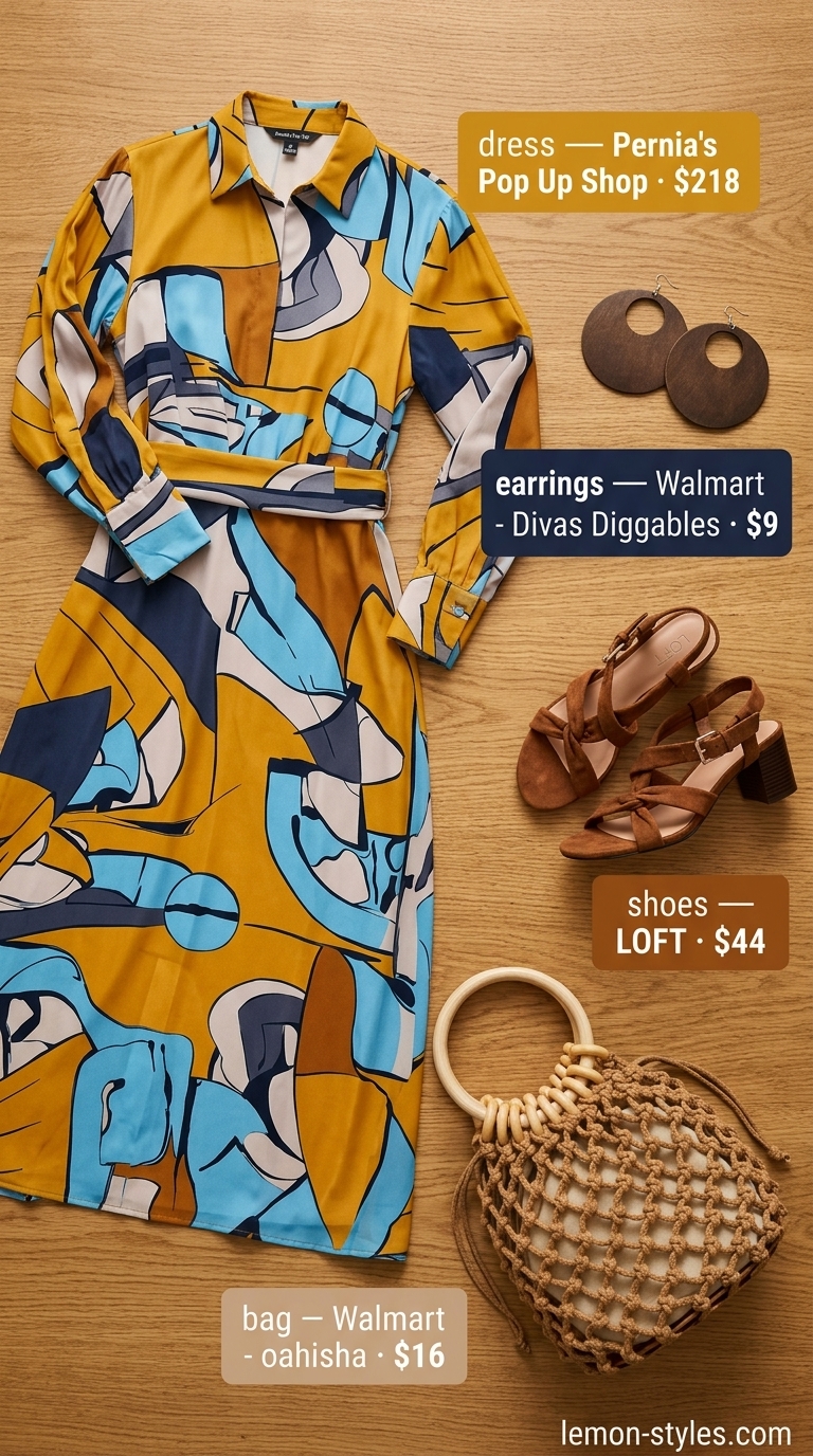 Global Explorer Maxi Dresses 2026 Global Explorer's Brunch outfit with a mustard yellow abstract print maxi dress, cognac block heel sandals, and a wooden handle tote for summer 2026.