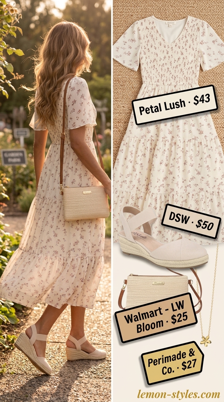 Summer Maxi Dresses 2026: Golden Hour Garden Party Cream floral print maxi dress for a garden party or summer brunch in 2026. Romantic and breezy.