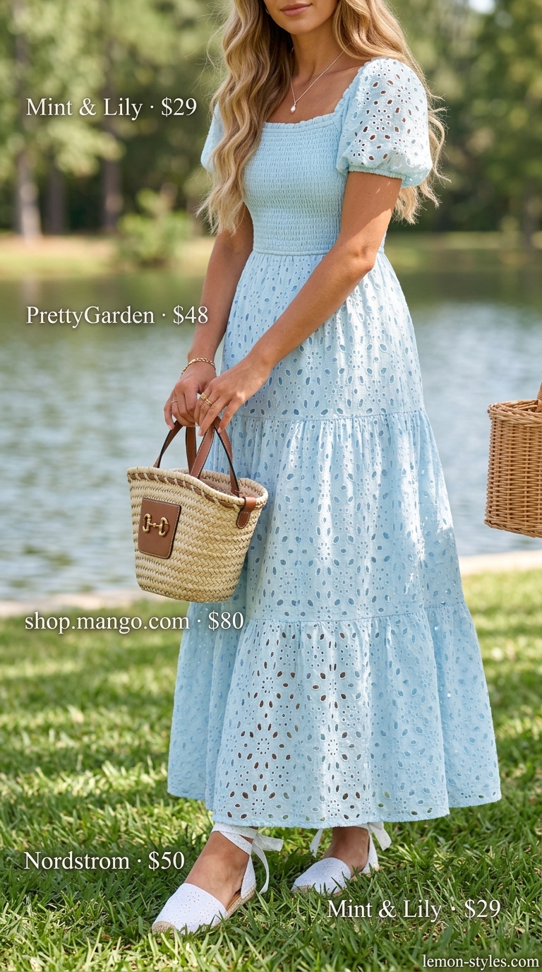 Summer Maxi Dresses 2026: Lakeside Picnic Charm Pale blue eyelet maxi dress for a lakeside picnic or garden party in 2026. Delicate and feminine outfit.