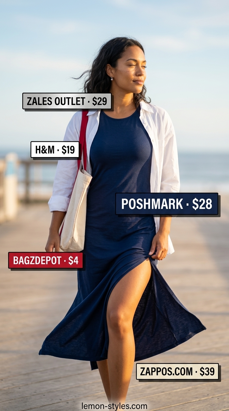 Summer Maxi Dresses 2026: Nautical Weekend Escape Navy jersey tank maxi dress with an oversized white shirt for a nautical weekend escape in 2026.