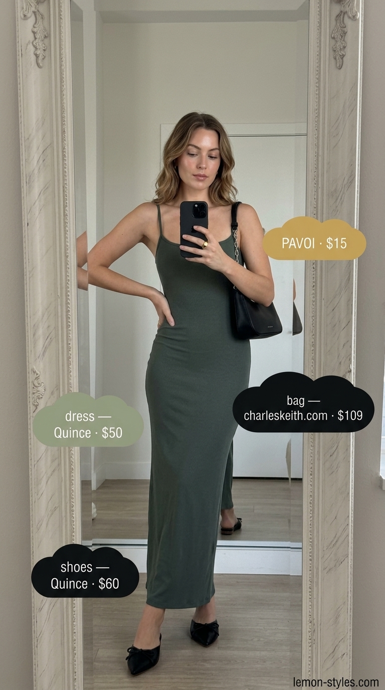 Summer Maxi Dresses 2026: Sophisticated Evening Olive green ribbed knit column maxi dress for summer maxi dresses 2026. Sophisticated evening outfit with mules and shoulder bag.